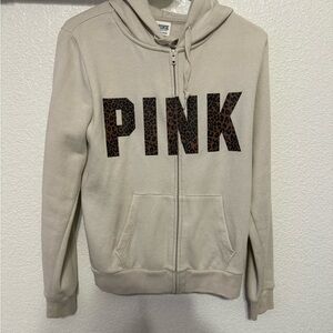 PINK Victoria's Secret Beige Hoodie with Leopard Print Logo
